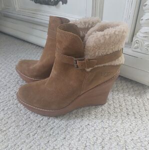 UGG Tan Wedge Booties with Plush Shearling Accent